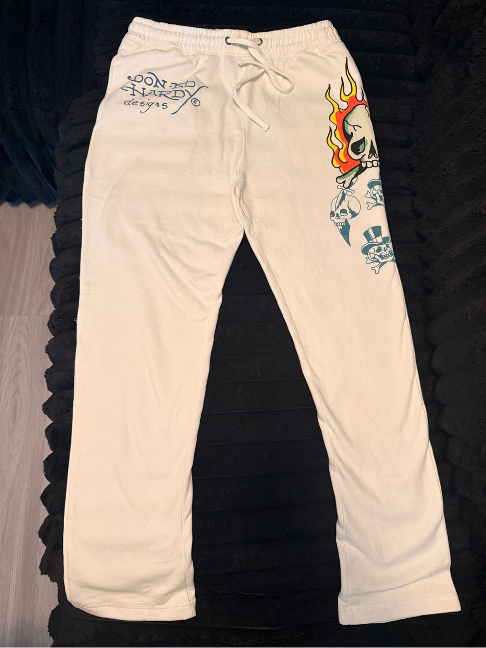 Ed Hardy White Sweatpants with Flaming Skull Graphic